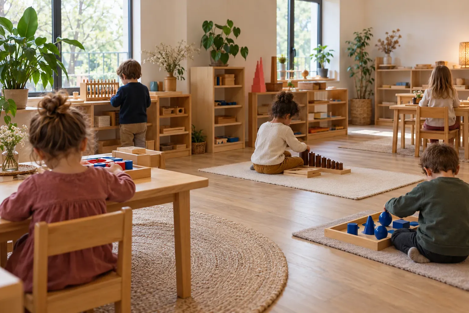 Classe Montessori calme où des enfants d'âges différents travaillent seuls sur des tables basses et des tapis